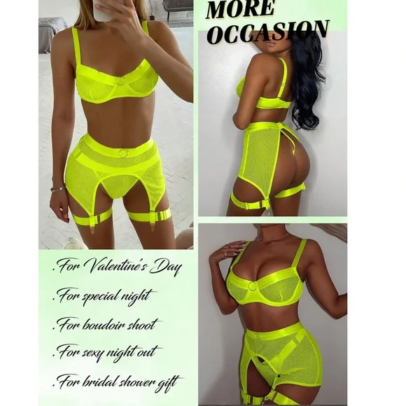 4 Piece Mesh Neon Green Lingerie Set size L - Picture 5 of 11